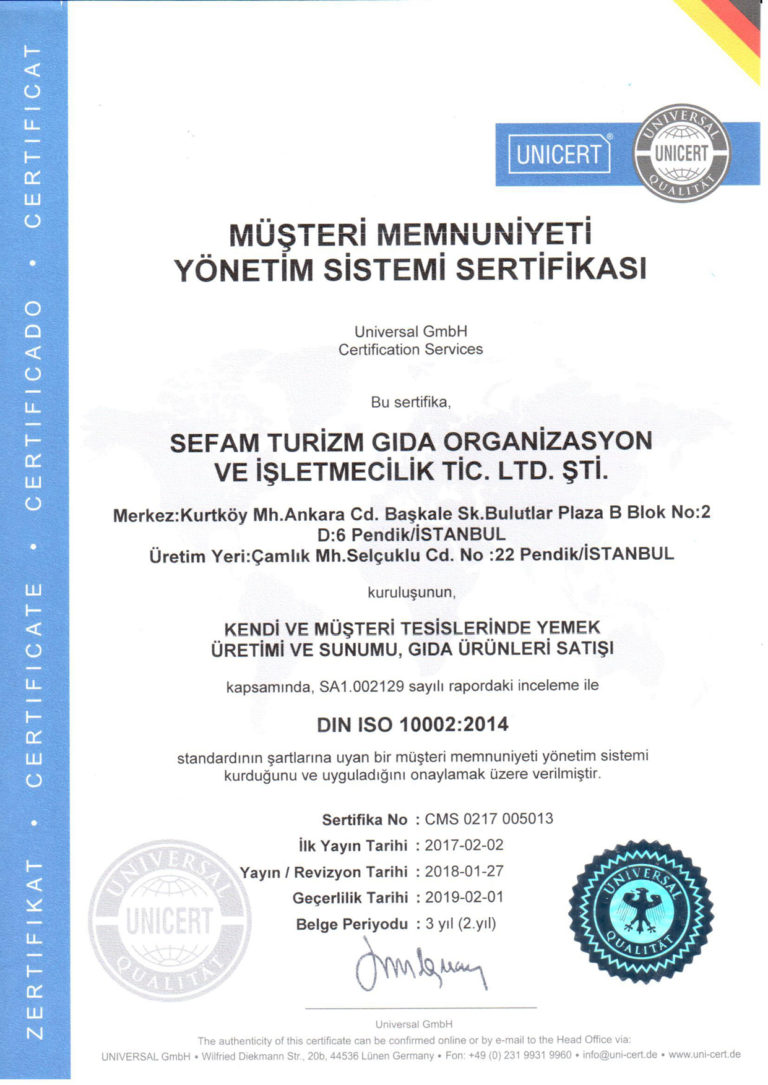 Müşteri Memnuniyeti Yönetim Sistemi Sertifikası ISO 10002 : 2014